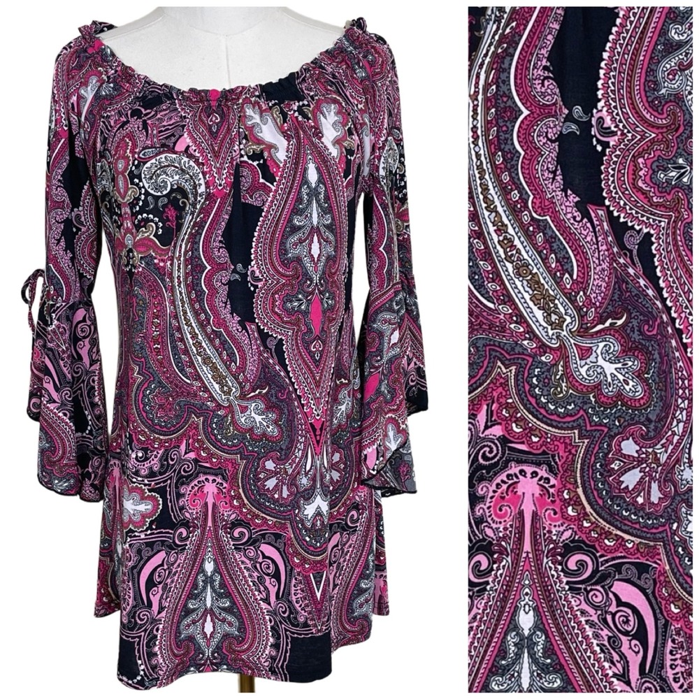 Lildy Tie Sleeve Tunic‎ Women S/M Pink Paisley Boho Bell Sleeve Blouse Top Y2K